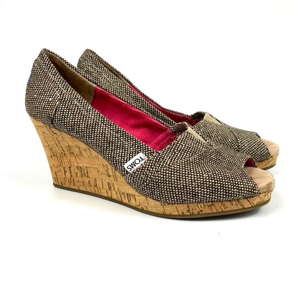 Toms Shoes - Women's Toms Stella Peep Toe Cork Wedge Shoes Tweed Black & Natural Size 8